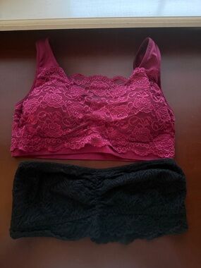 Lace Bralette and Bandeau Set - Burgundy and Black